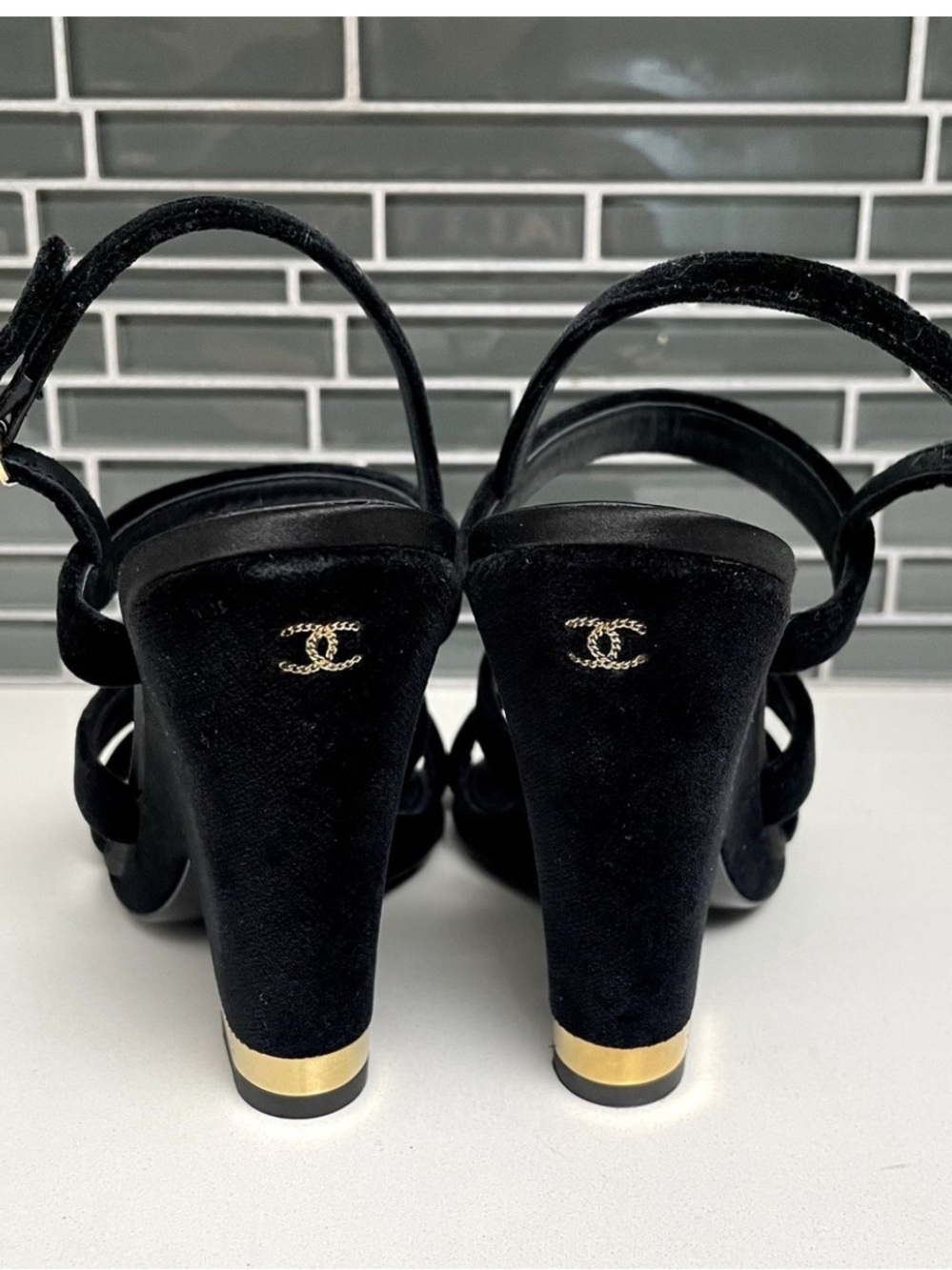 100% authentic Chanel Black Suede Strappy Heel Sandals with Gold Logo Accent - Picture 3 of 9